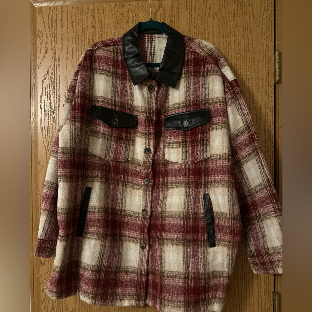 Plaid Women's Jacket with Black Faux Leather Accents- XL- NWOT